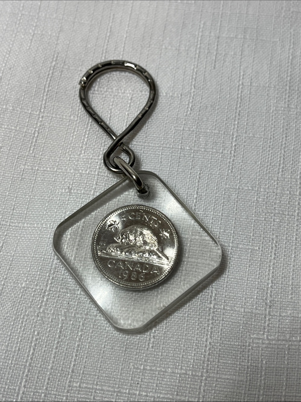 Clear Acrylic nickel keyring. Silver accented chain.